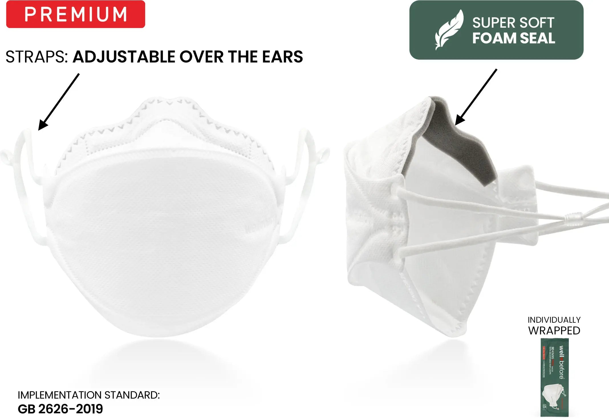 KN95 3D Face Mask | Comfort 3D Fit, Adjustable Ear Loops - Bag of 10