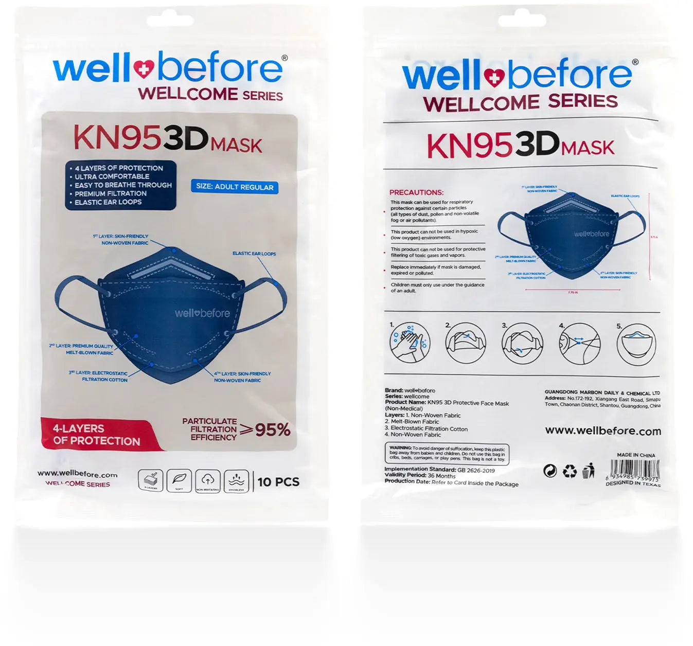 KN95 3D Face Mask | Comfort 3D Fit, Adjustable Ear Loops - Bag of 10
