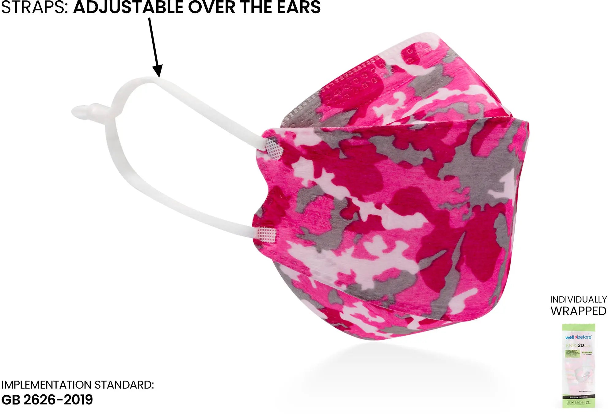 Kids KN95 3D Mask | Individually Wrapped, Elastic Ear Loops - Bag of 10