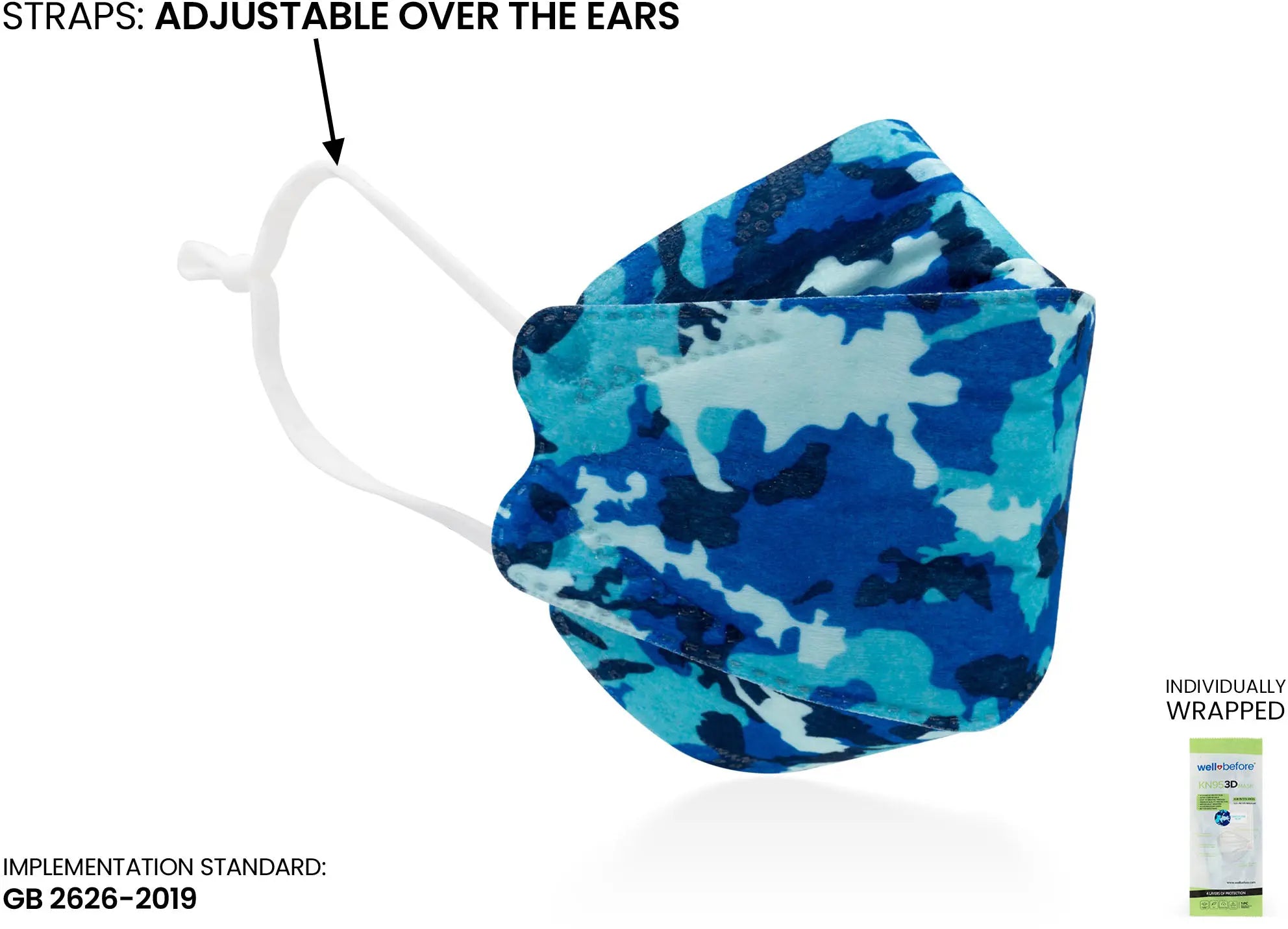 Kids KN95 3D Mask | Individually Wrapped, Elastic Ear Loops - Bag of 10