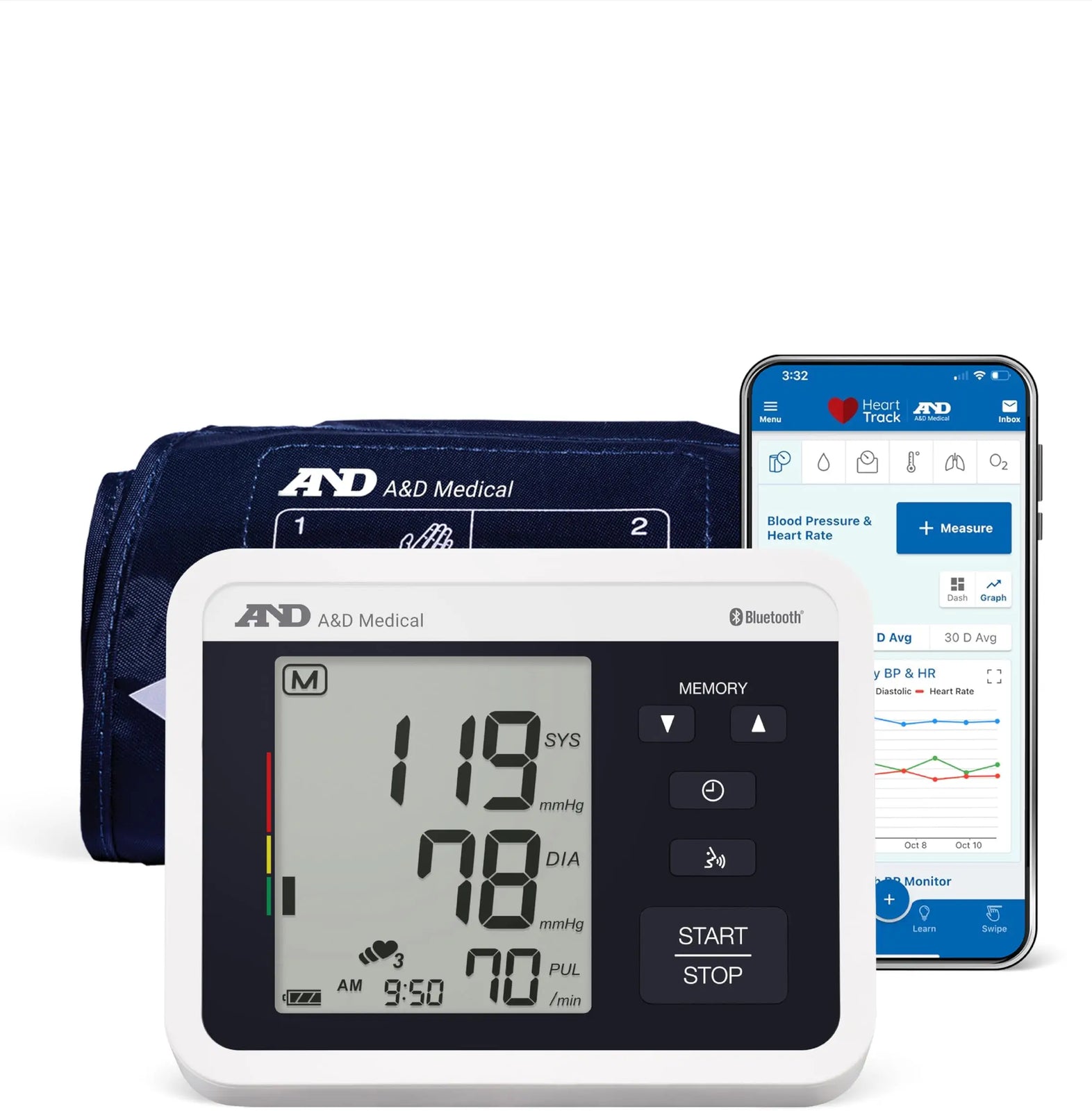 A&D Medical Voice-Guided Bluetooth Blood Pressure Monitor with Wide-Range Cuff