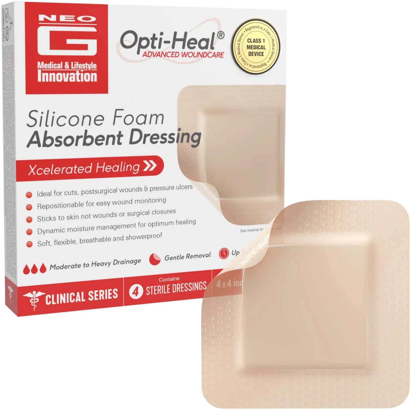 Neo G Silicone Foam Absorbent Dressing, 4" x 4"