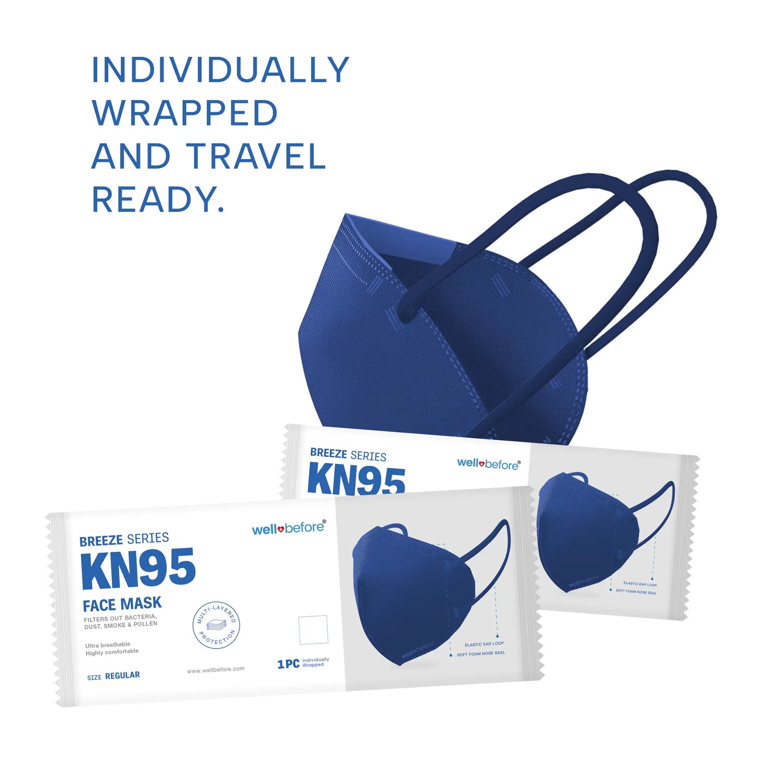 KN95 Face Mask | Individually Wrapped, Elastic Ear Loops - Bag of 10