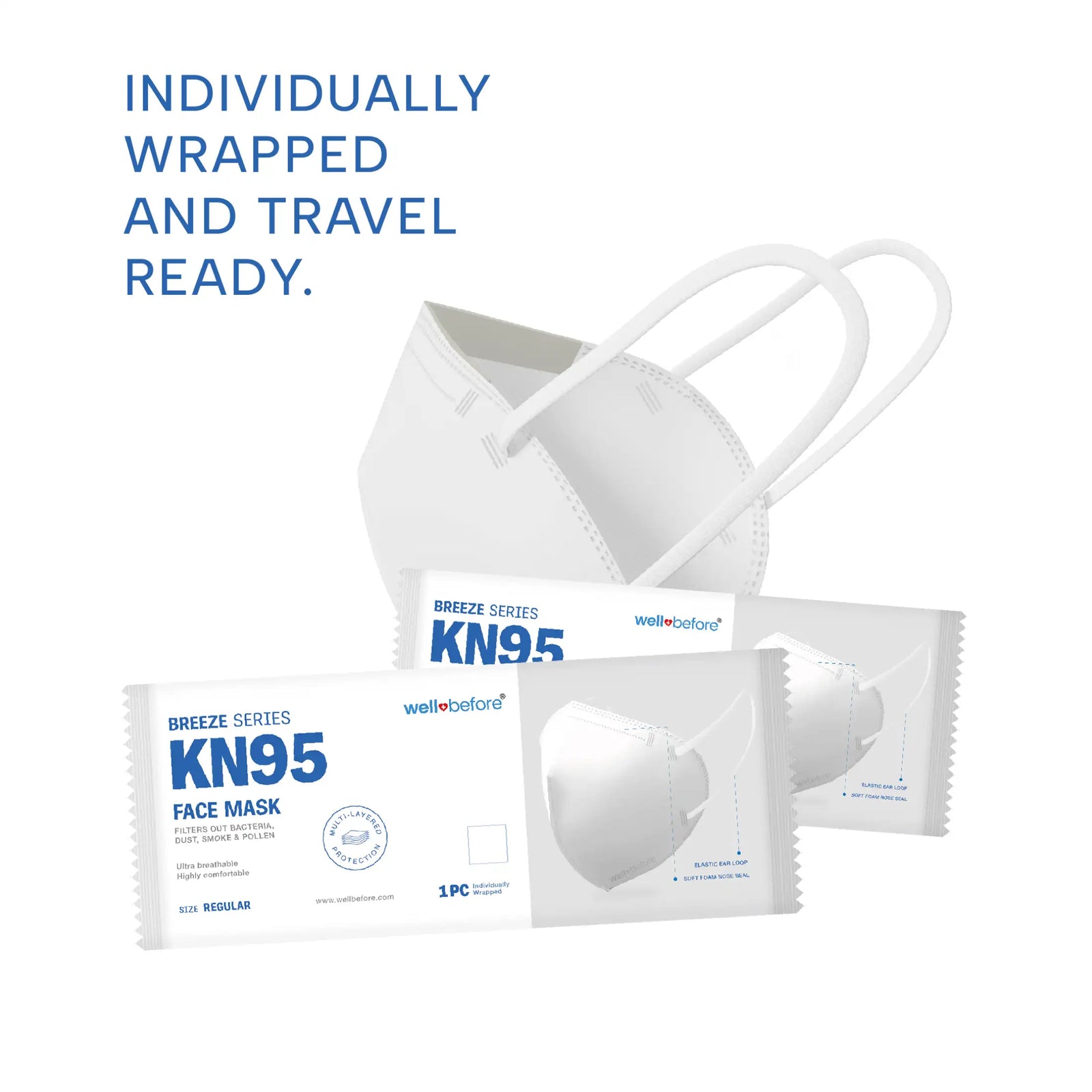 KN95 Face Mask | Individually Wrapped, Elastic Ear Loops - Bag of 10