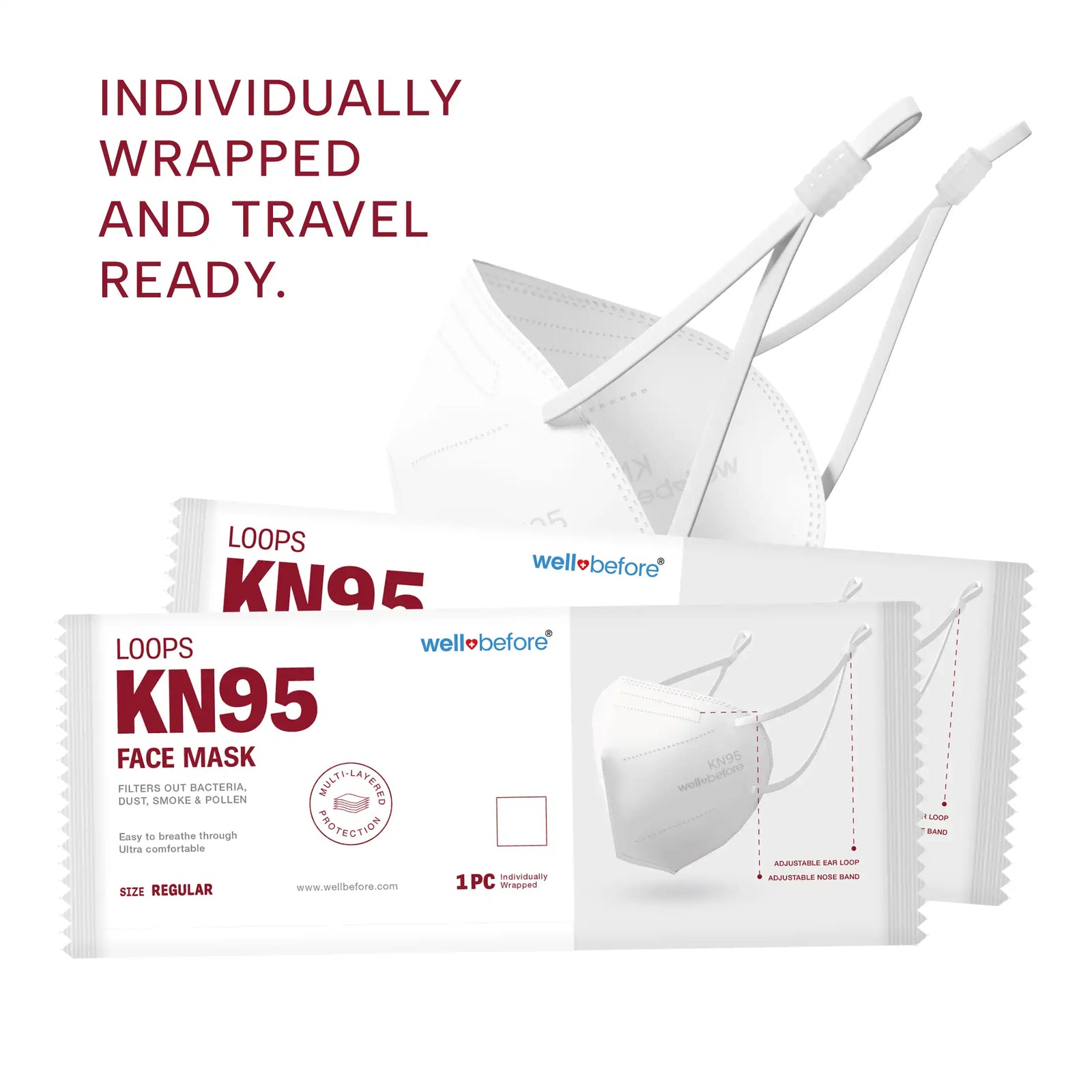 KN95 Face Mask | Individually Wrapped, Elastic Ear Loops - Bag of 10