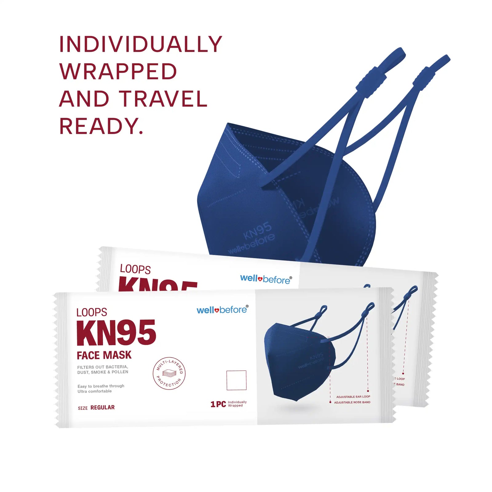 KN95 Face Mask | Individually Wrapped, Elastic Ear Loops - Bag of 10