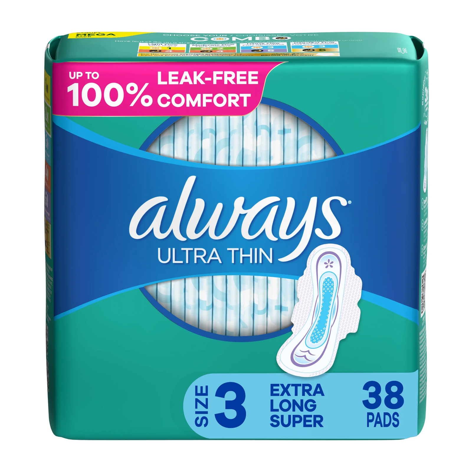 Always Ultra Thin Extra Long Super Absorbency Unscented Pads with Wings, Size 3
