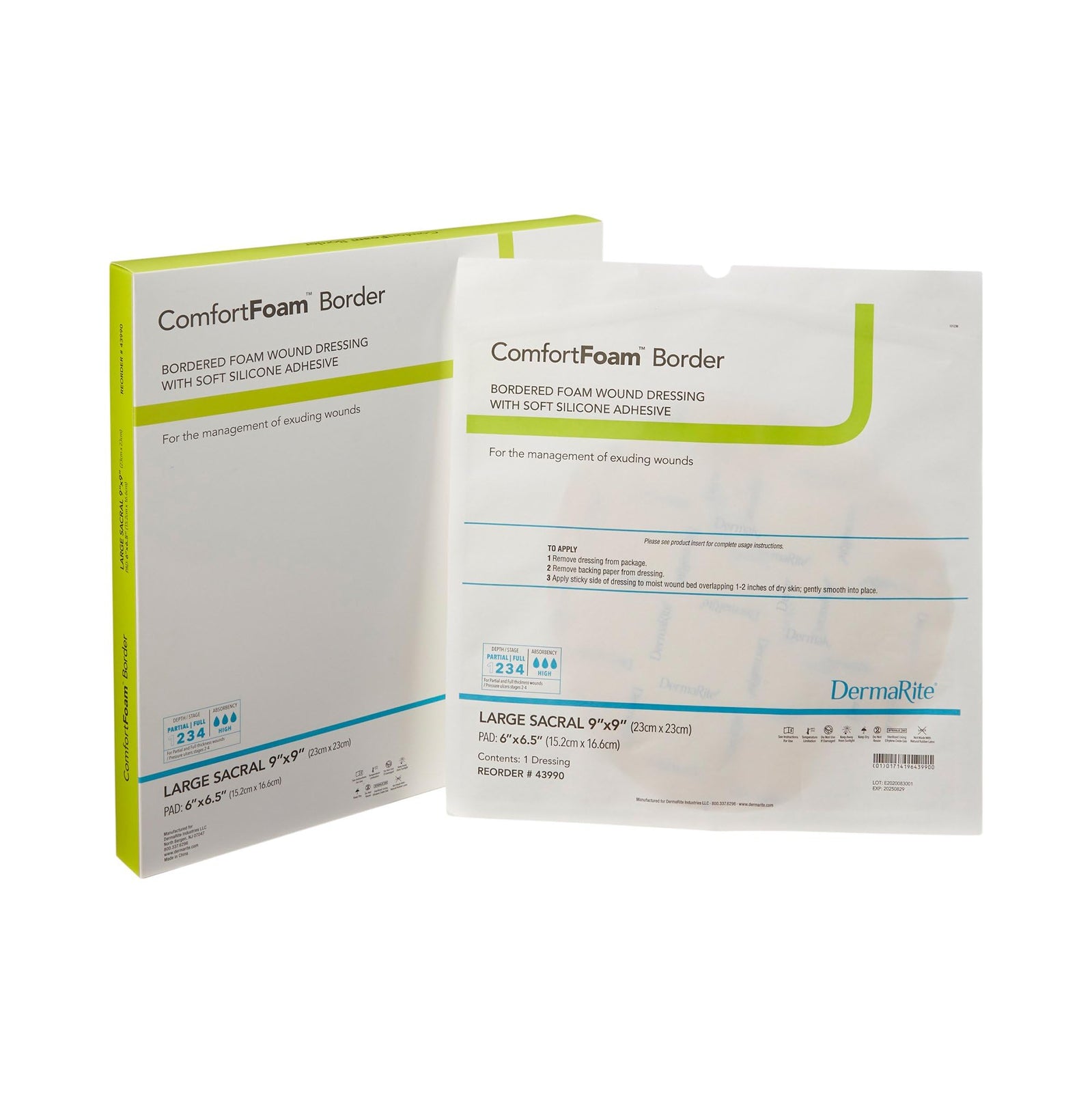 Dermarite ComfortFoam Silicone Sacral Foam Dressing, Large 9" x 9"