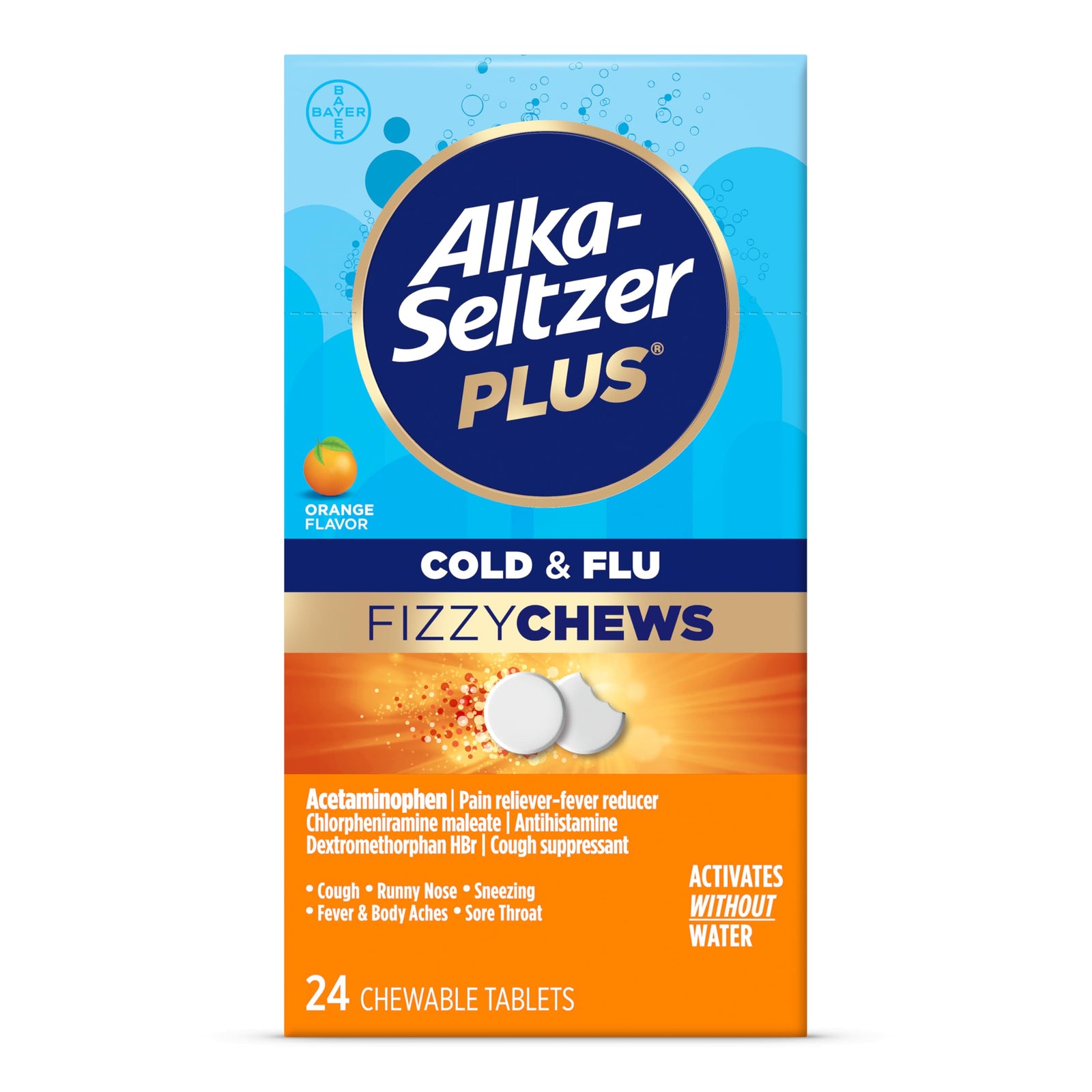 Alka-Seltzer Plus Fizzy Chews Cold & Flu Tablets, Orange, 24 Count