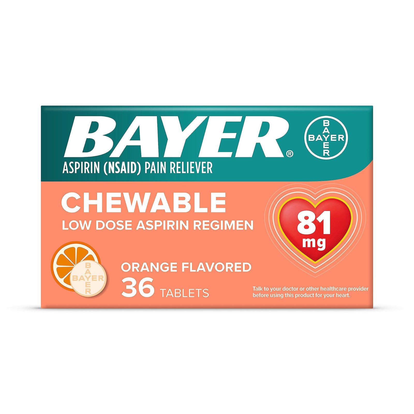 Bayer Chewable Aspirin 81mg Orange, 36 Count