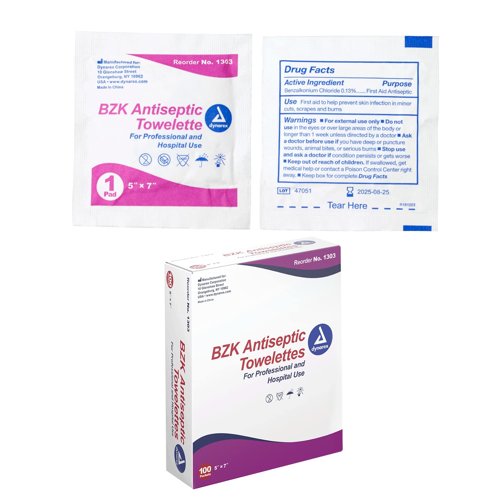 Dynarex BZK Antiseptic Towelette 7 inch, Box of 100
