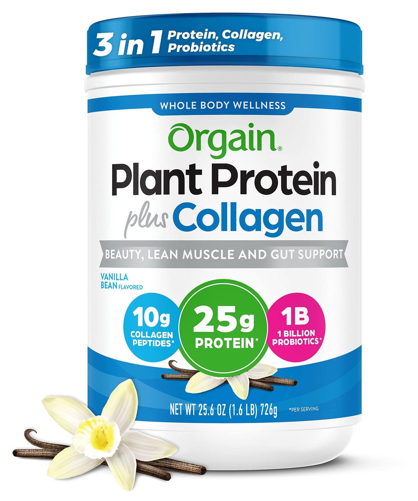 Orgain Plant Protein Plus Collagen Powder, Vanilla Bean, 25.6 oz