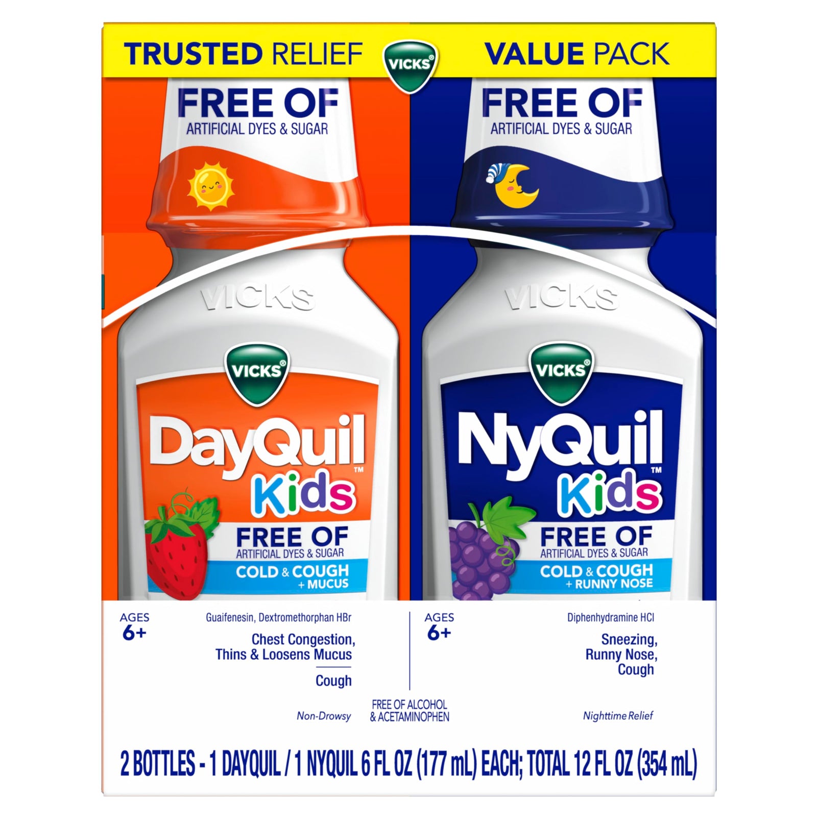 Vicks Kids DayQuil & NyQuil Cold & Cough Multi-Symptom Relief Liquid, 12 fl oz (2 x 6 fl oz)