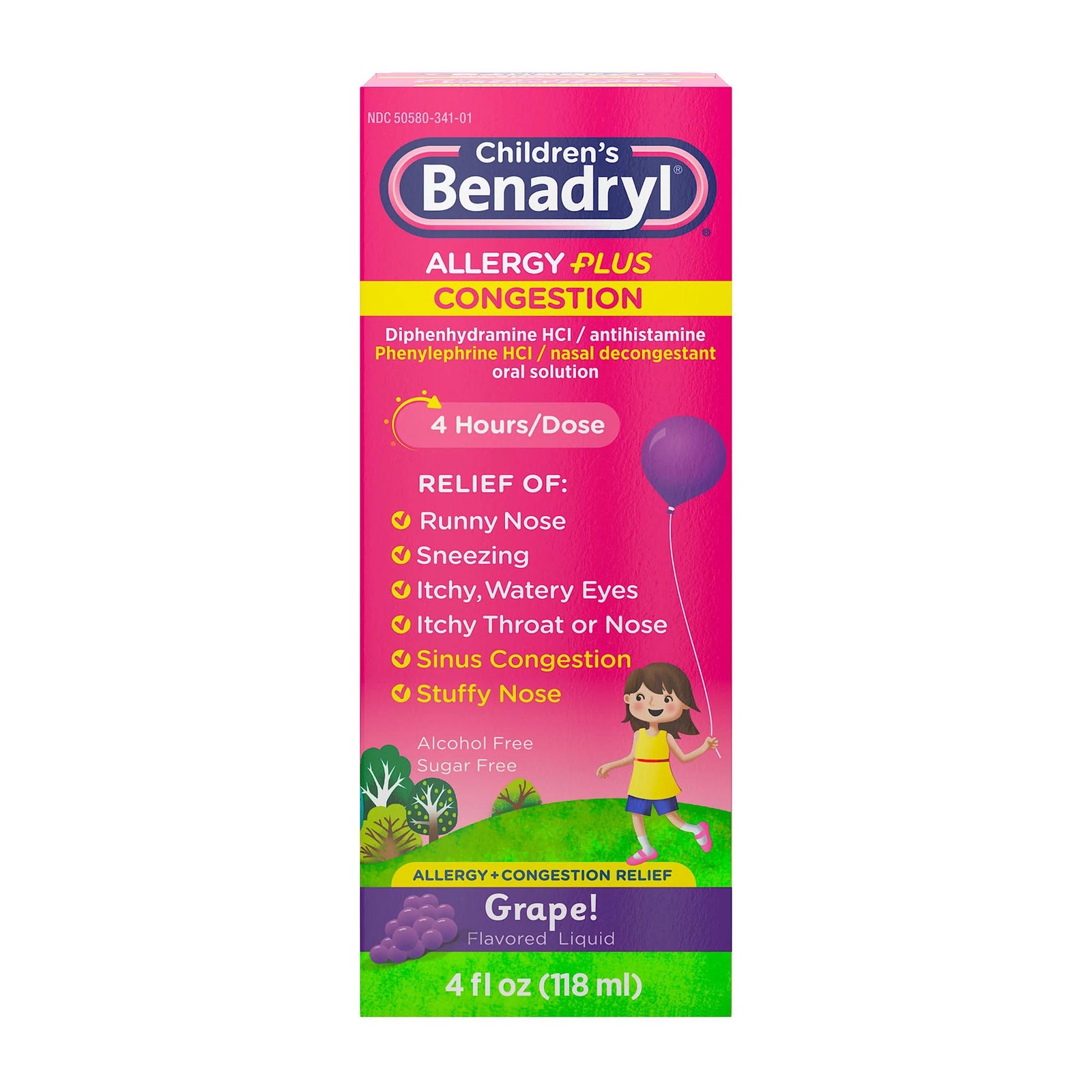 Children's Benadryl Allergy Plus Congestion Relief Liquid, Grape, 4 oz
