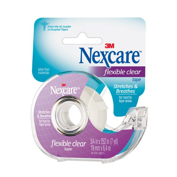 3M Nexcare Flexible Clear First Aid Tape with Dispenser, 3/4 in x 7 yd