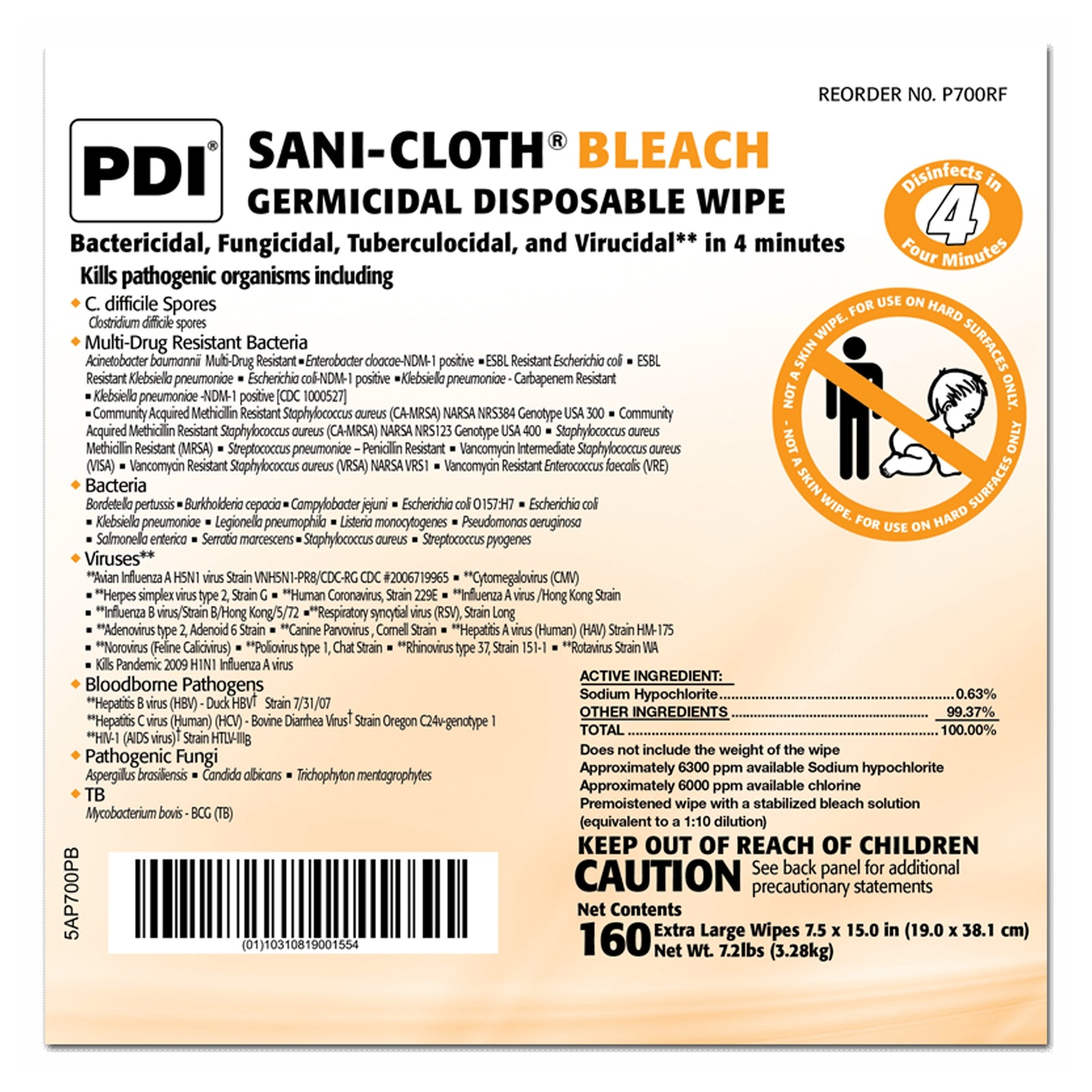 Sani-Cloth® Bleach Premoistened Germicidal Wipes Refill - 160 Count Bag