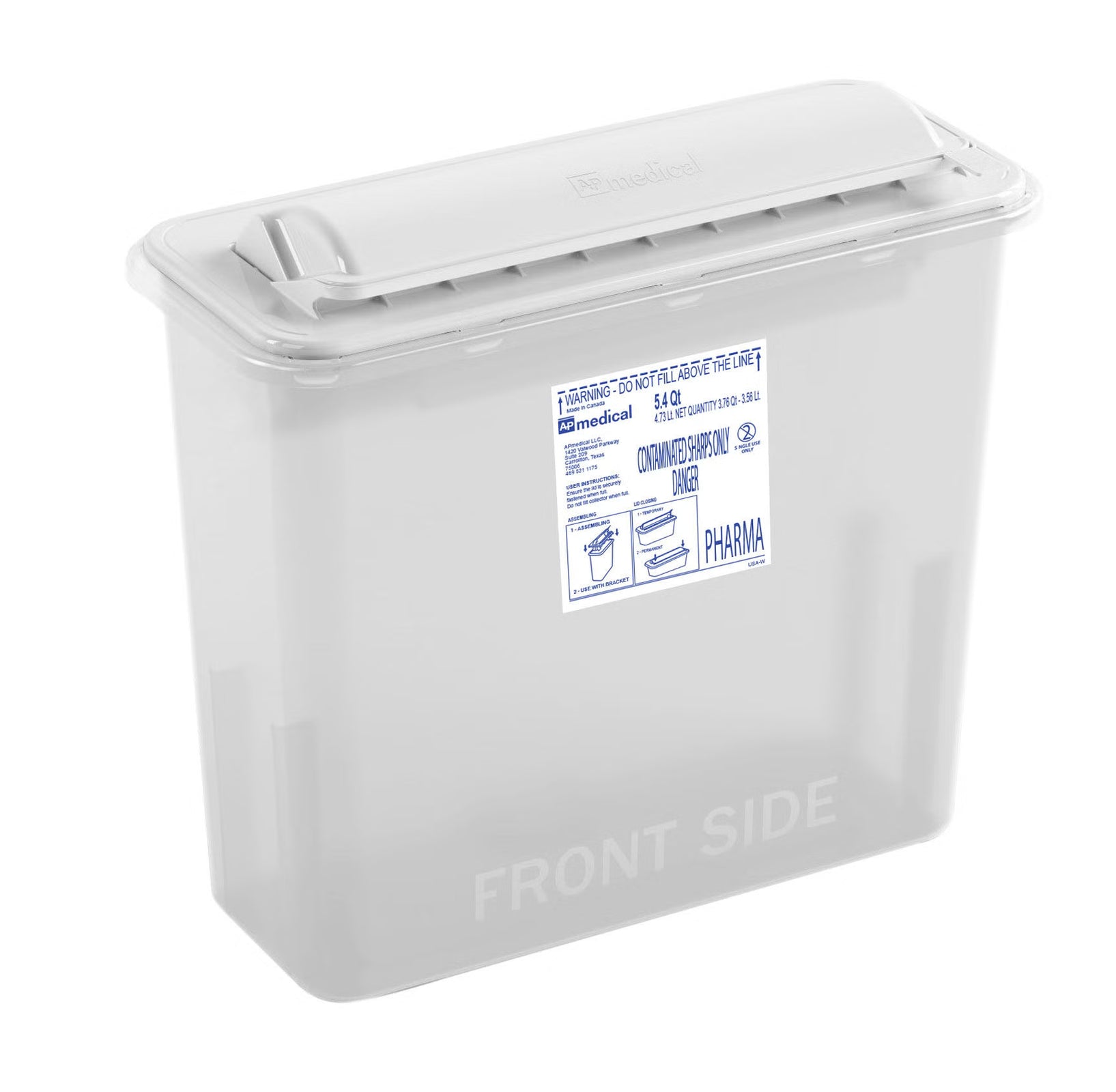 AP Medical Pharma Sharps Container, Wall-Mount, White, 5.4 qt