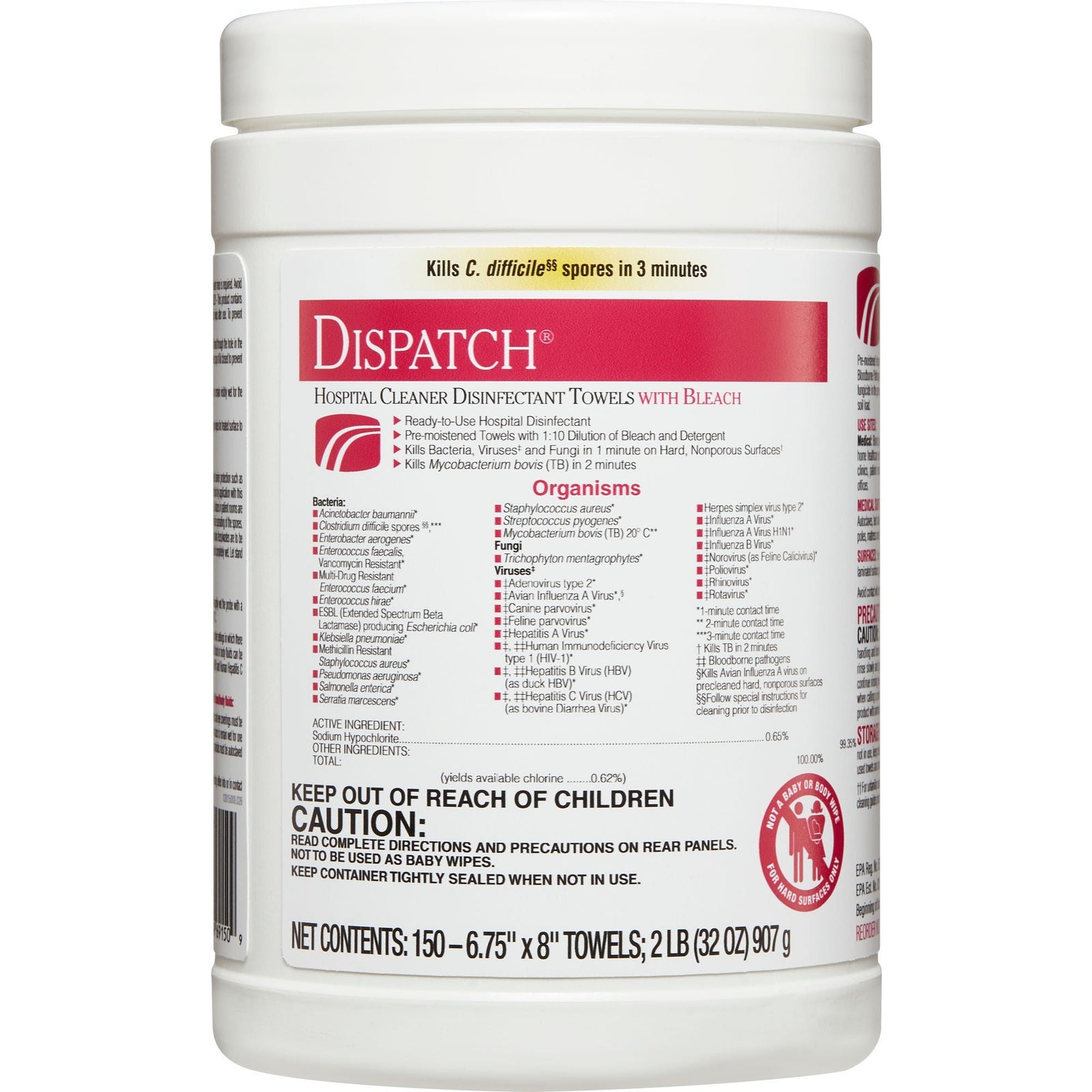 HealthLink Dispatch Disinfectant Towels with Bleach, 150 Count