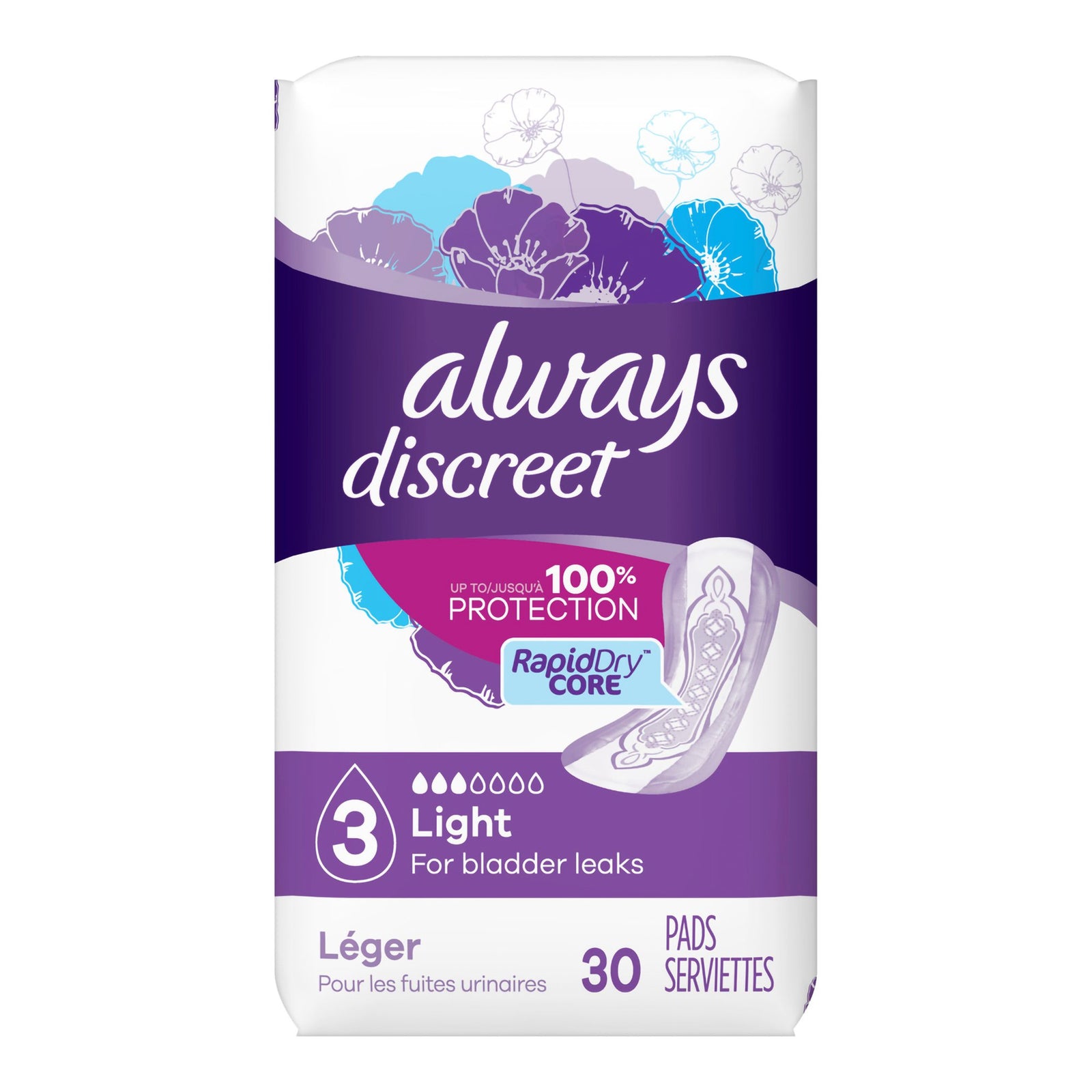 Always Discreet Bladder Control Pad Size 3 - 9.4 Inch Light Absorbency