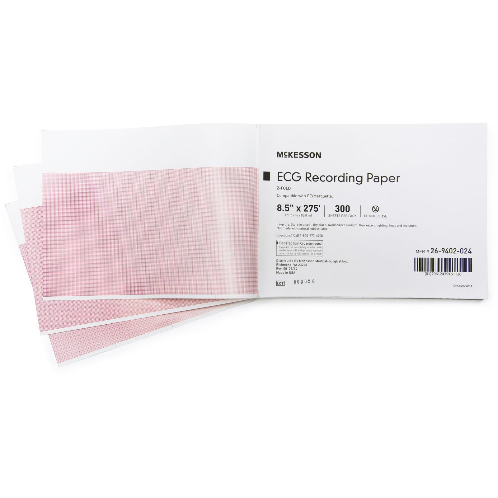 McKesson ECG Recording Paper Z-Fold for GE/Marquette, 8.5 in x 275 ft