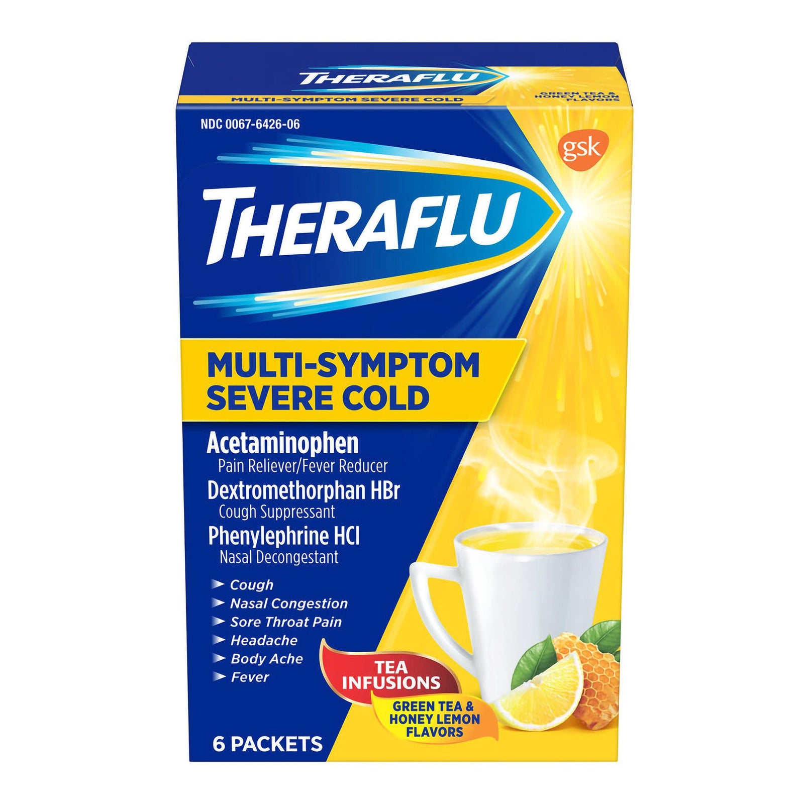 Theraflu Multi-Symptom Severe Cold Tea Infusions Powder, Green Tea & Honey Lemon, 6 Count