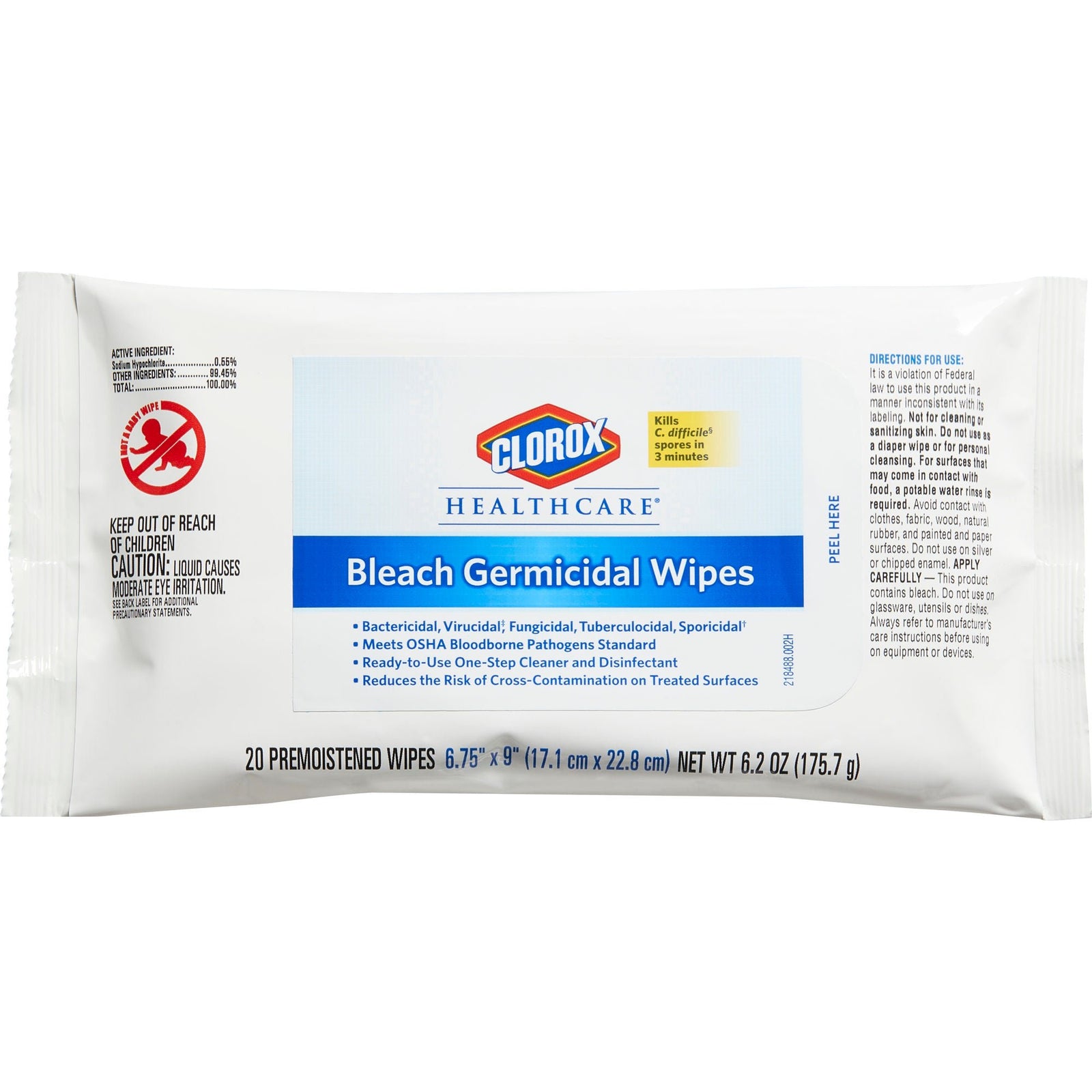 Clorox Healthcare Bleach Germicidal Wipes, 6.75 x 9 Inch, 20 Count