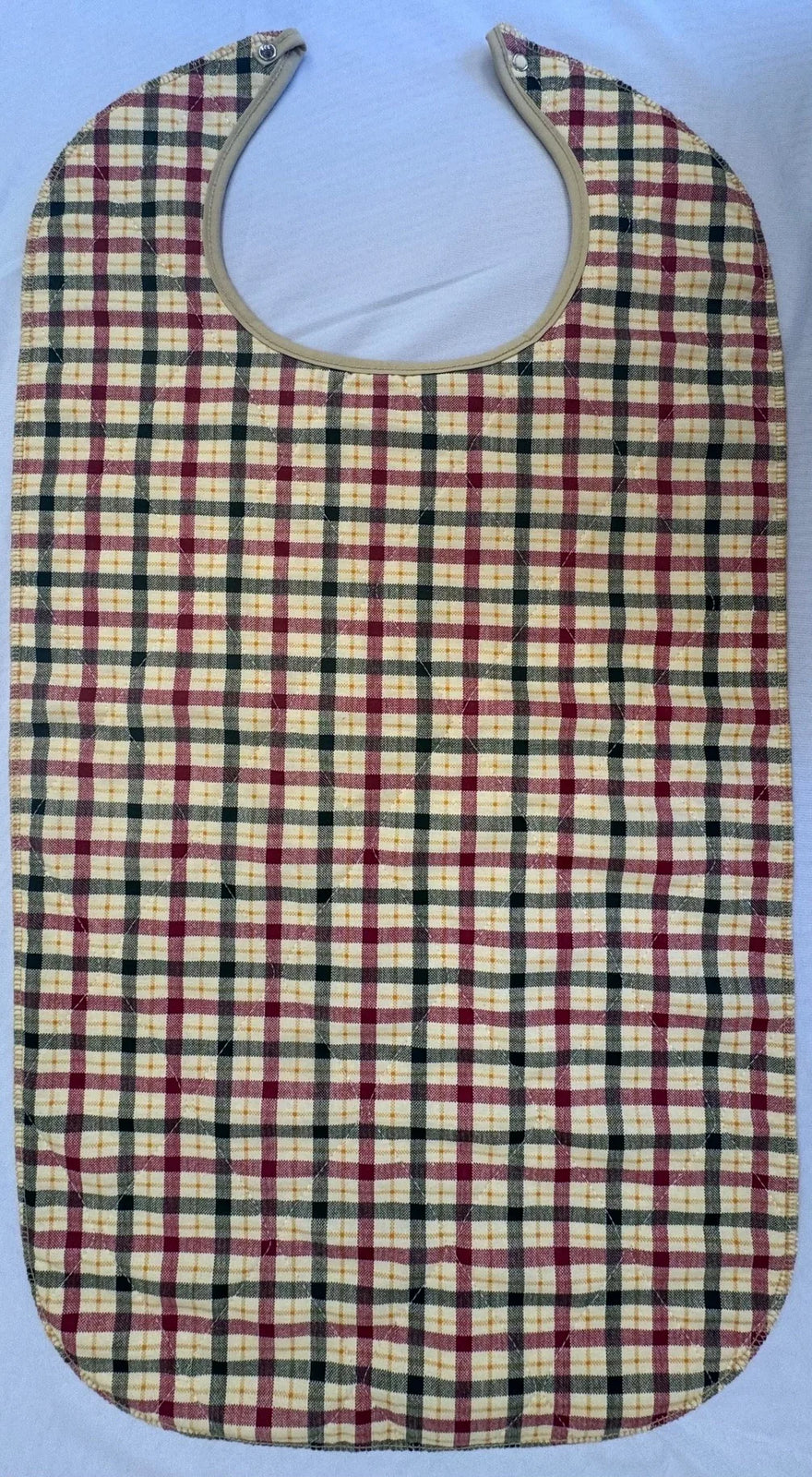 Beck's Classic Reusable Quilted Bib with Snap Closure and Tan Vinyl Barrier, Beige Plaid, 18" x 34"