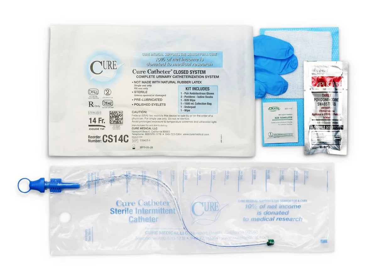 Cure Closed System Catheter Kit with Coude Tip and 1500 mL Collection Bag, 14 Fr