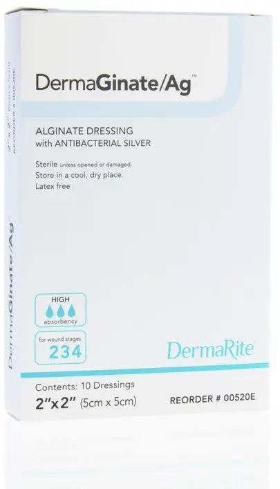 DermaRite Ag Alginate Wound Dressing with Antibacterial Silver, 2" x 2"