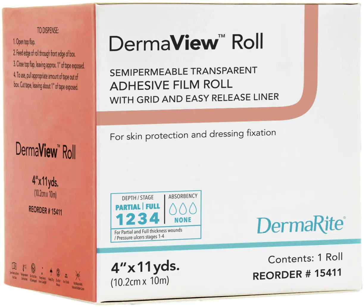 DermaRite Semipermeable Transparent Adhesive Film Roll, 4" x 11 yds