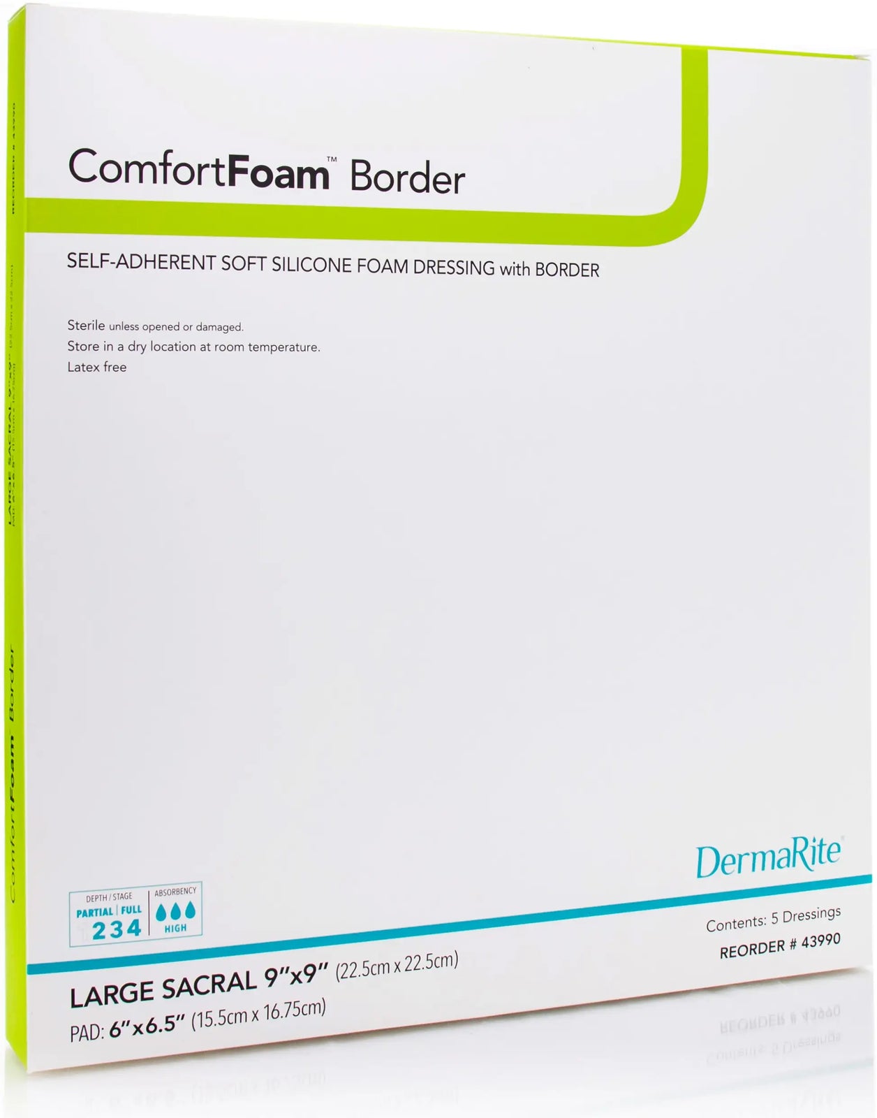 Dermarite ComfortFoam Silicone Sacral Foam Dressing, Large 9" x 9"