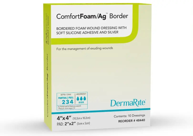 DermaRite Bordered Foam Wound Dressing with Silver, 4x4 inch