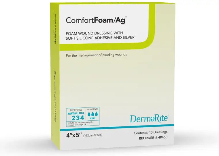 DermaRite ComfortFoam Foam Wound Dressing with Silver - 4 in x 5 in