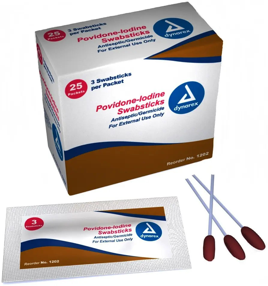 Dynarex Povidone Iodine Swabsticks - 3's Style, Case of 250