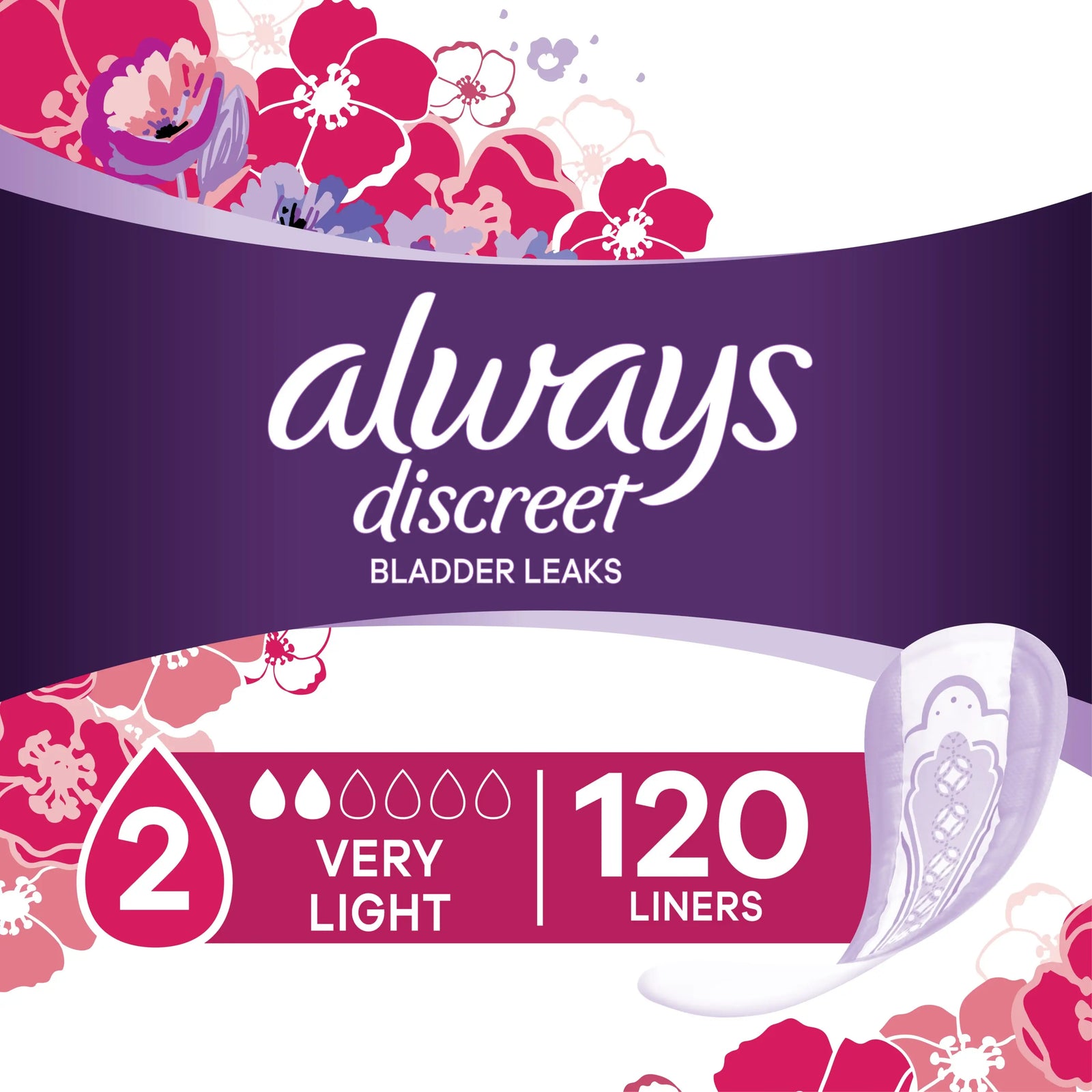 Always Discreet Incontinence Panty Liners, Very Light, Size 2, 120 Count