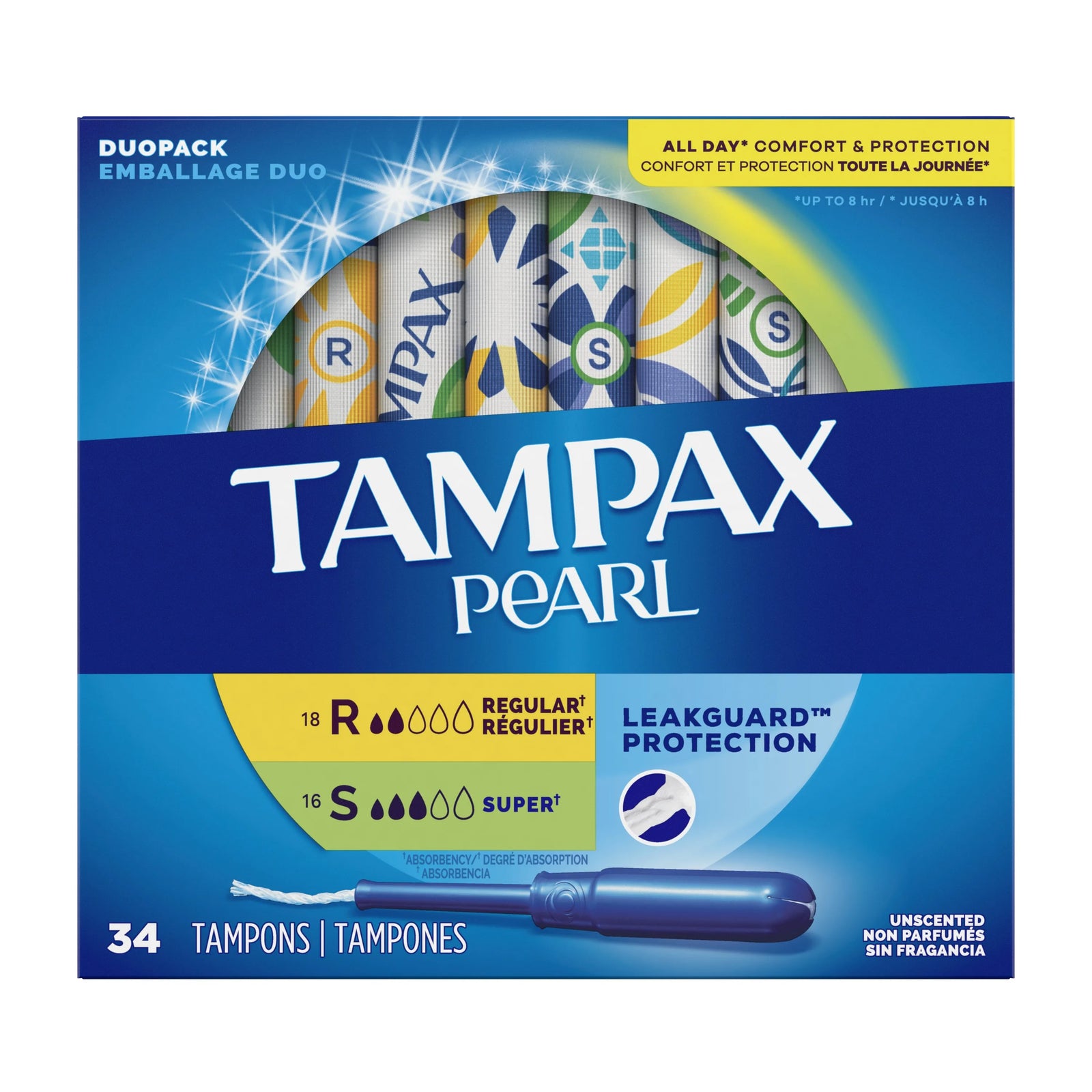 Tampax Pearl Regular/Super Duo Pack Tampons, Unscented, 34 Count