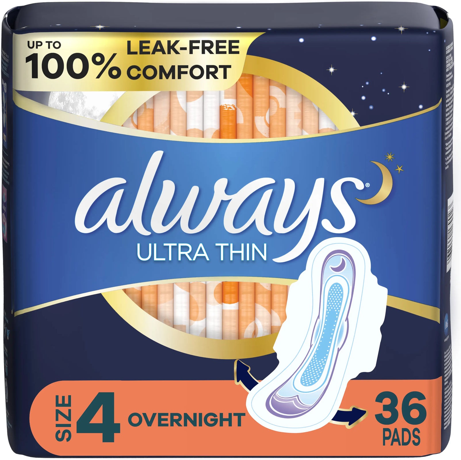 Always Ultra Thin Overnight Pads with Wings, Unscented, Size 4, 36 ct