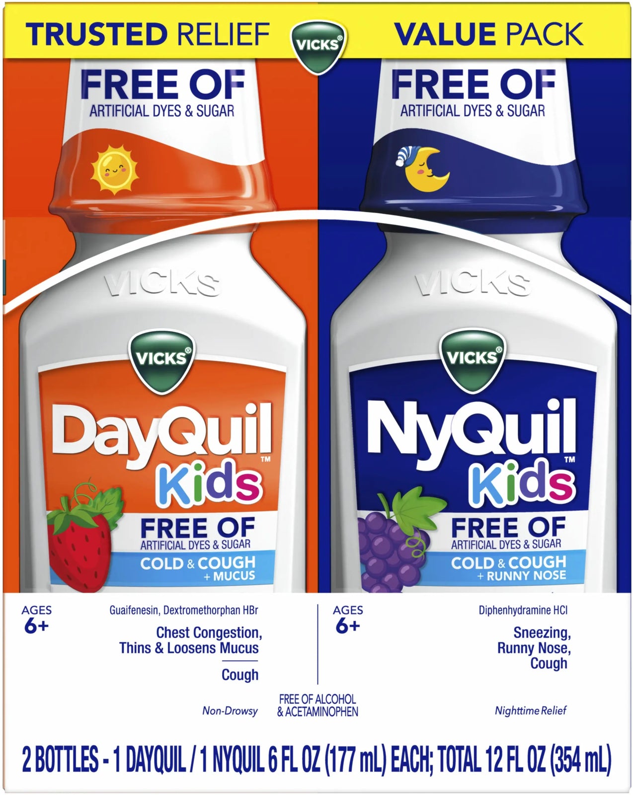 Vicks Kids DayQuil & NyQuil Cold & Cough Multi-Symptom Relief Liquid, 12 fl oz (2 x 6 fl oz)