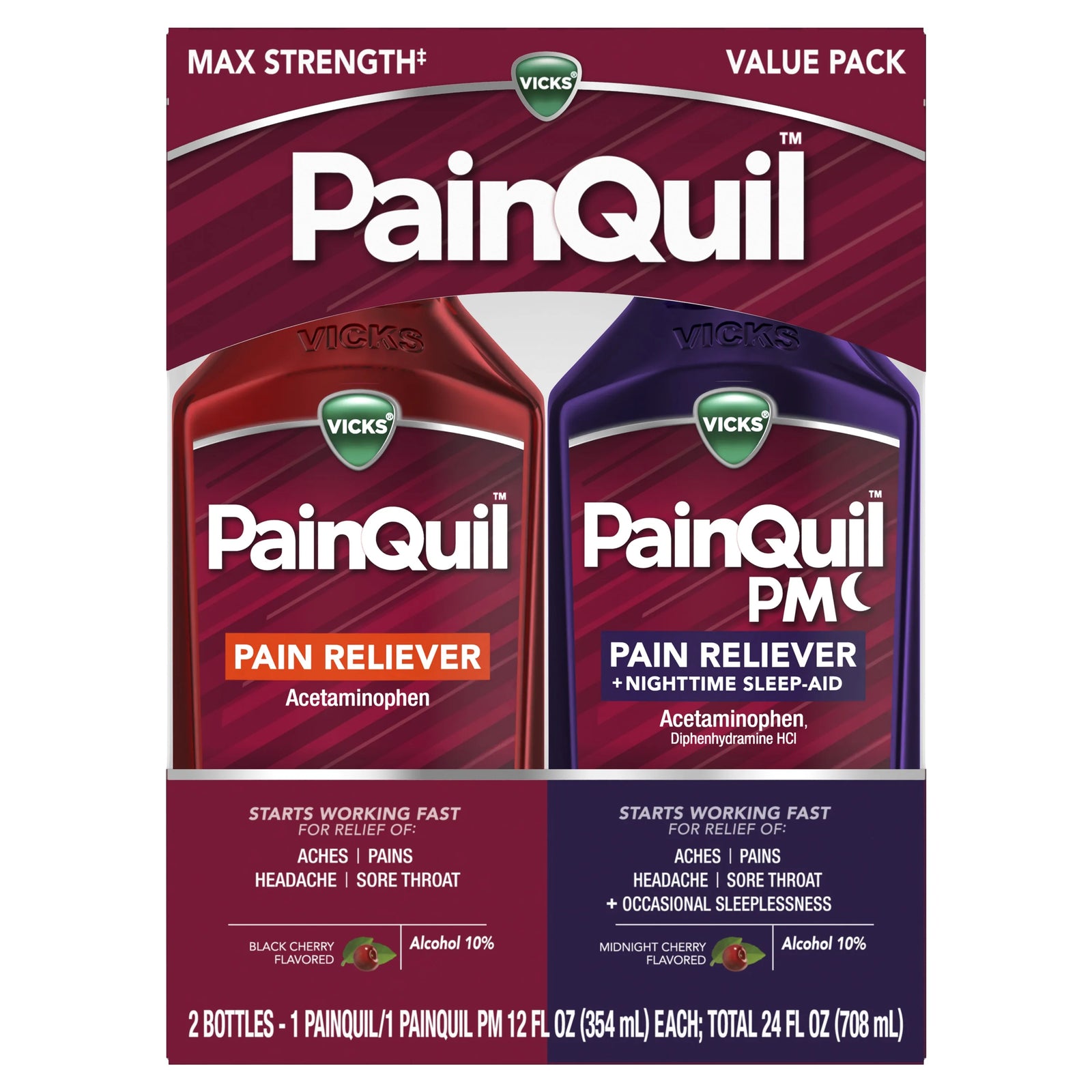 Vicks PainQuil & PainQuil PM Max Strength Acetaminophen Pain Relief Liquid, 2 x 12 fl oz