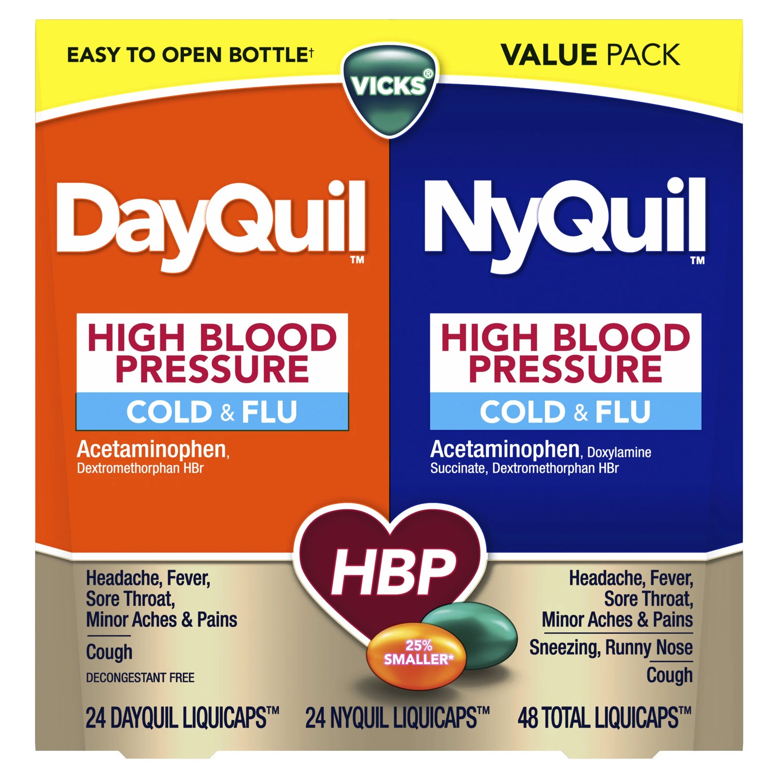 Vicks DayQuil & NyQuil High Blood Pressure Cold & Flu Relief LiquiCaps, 48 Count