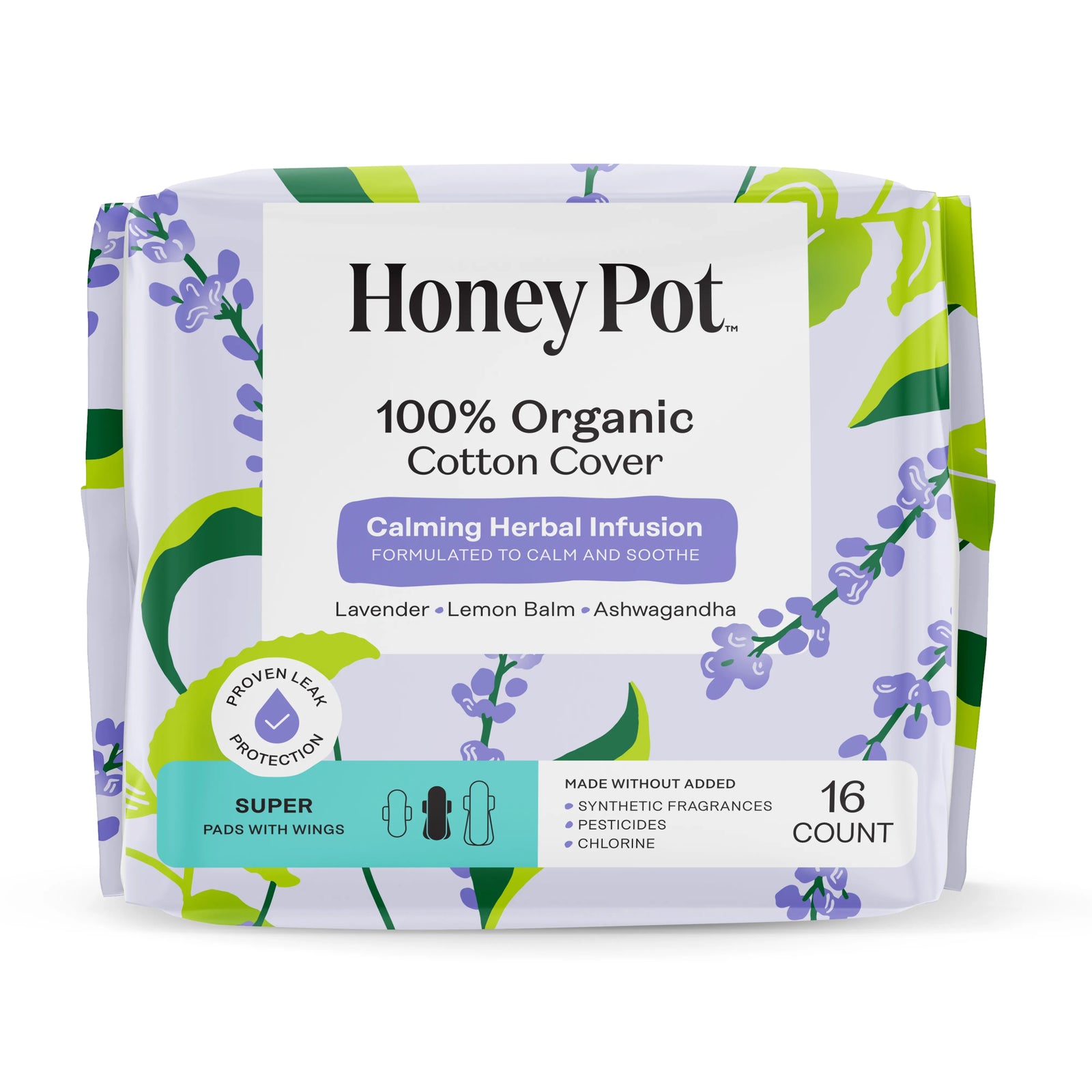 The Honey Pot Calming Herbal Infusion Super Pads with Wings, 16 Count
