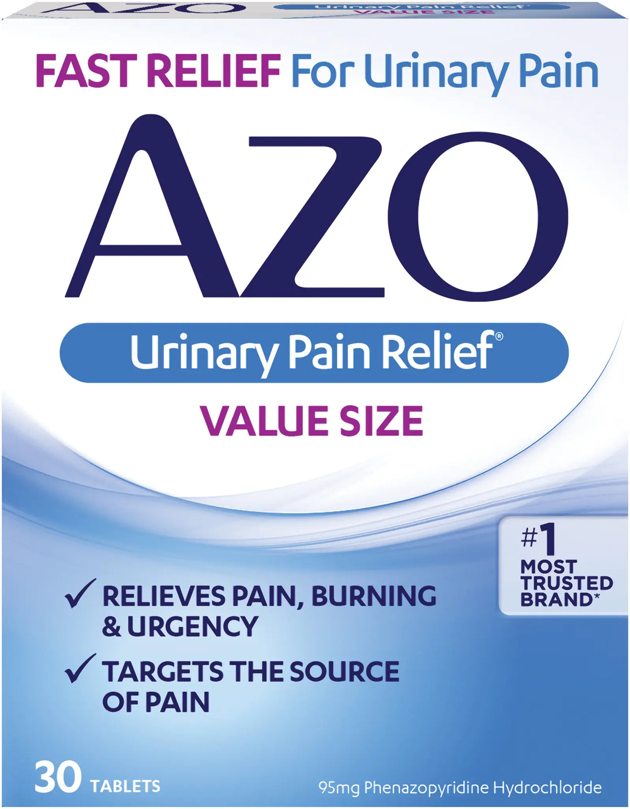 AZO Urinary Pain Relief Tablets, 30 Count, 95 mg Phenazopyridine Hydrochloride