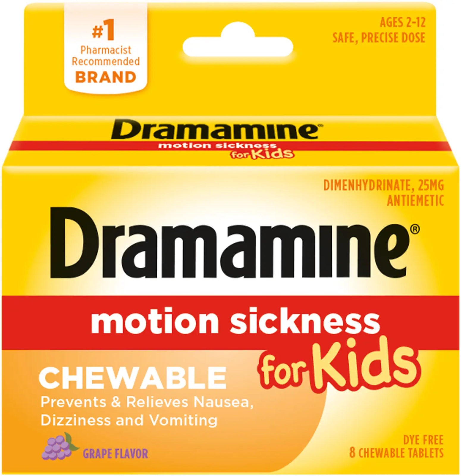 Dramamine Kids Chewable Grape Motion Sickness Relief, 8 Count