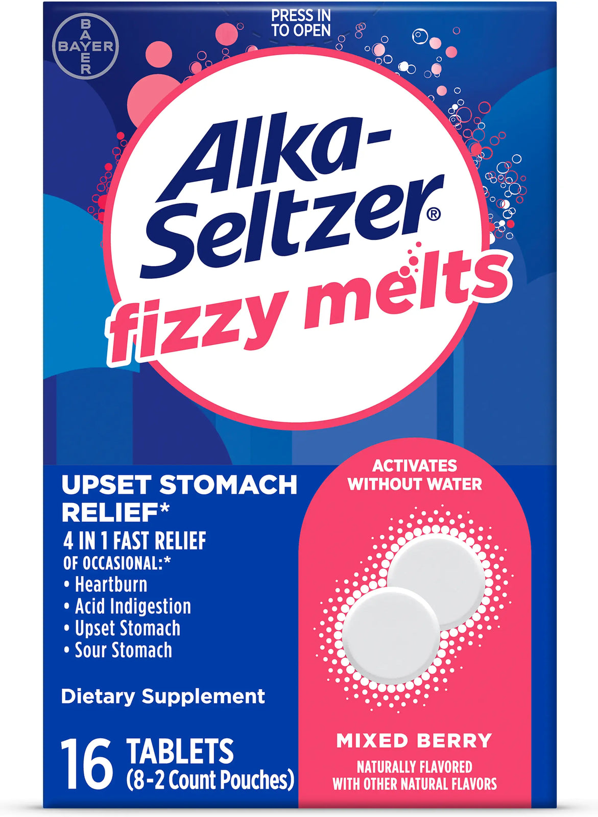 Alka-Seltzer Fizzy Upset Stomach Relief Melts Tablets Mixed Berry, 16 Count