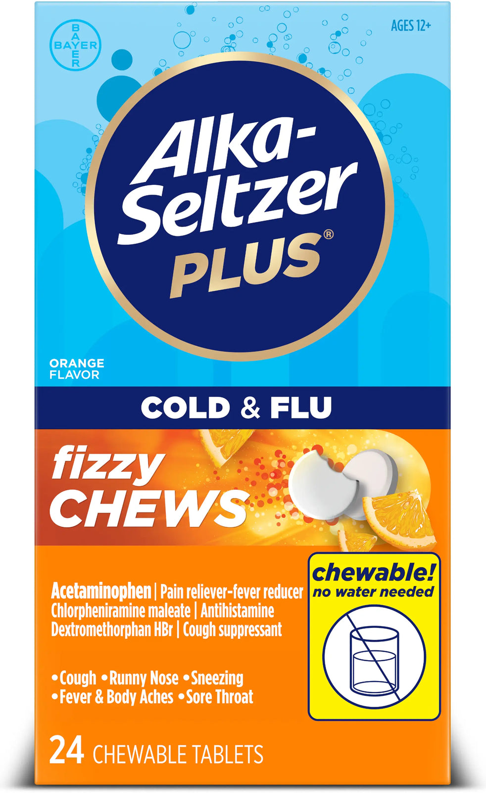 Alka-Seltzer Plus Fizzy Chews Cold & Flu Tablets, Orange, 24 Count