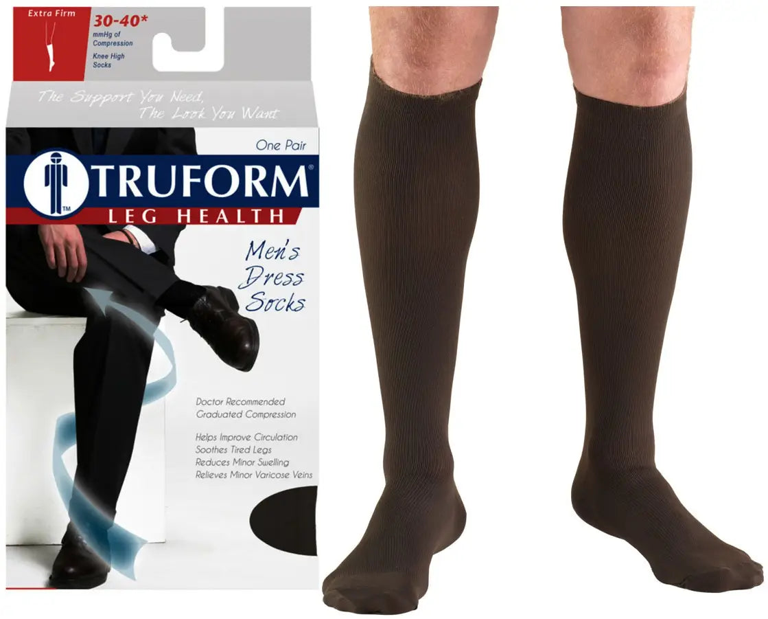 Truform Men's Dress Latex-Free Knee High Support Socks - 30-40 mmHg Compression