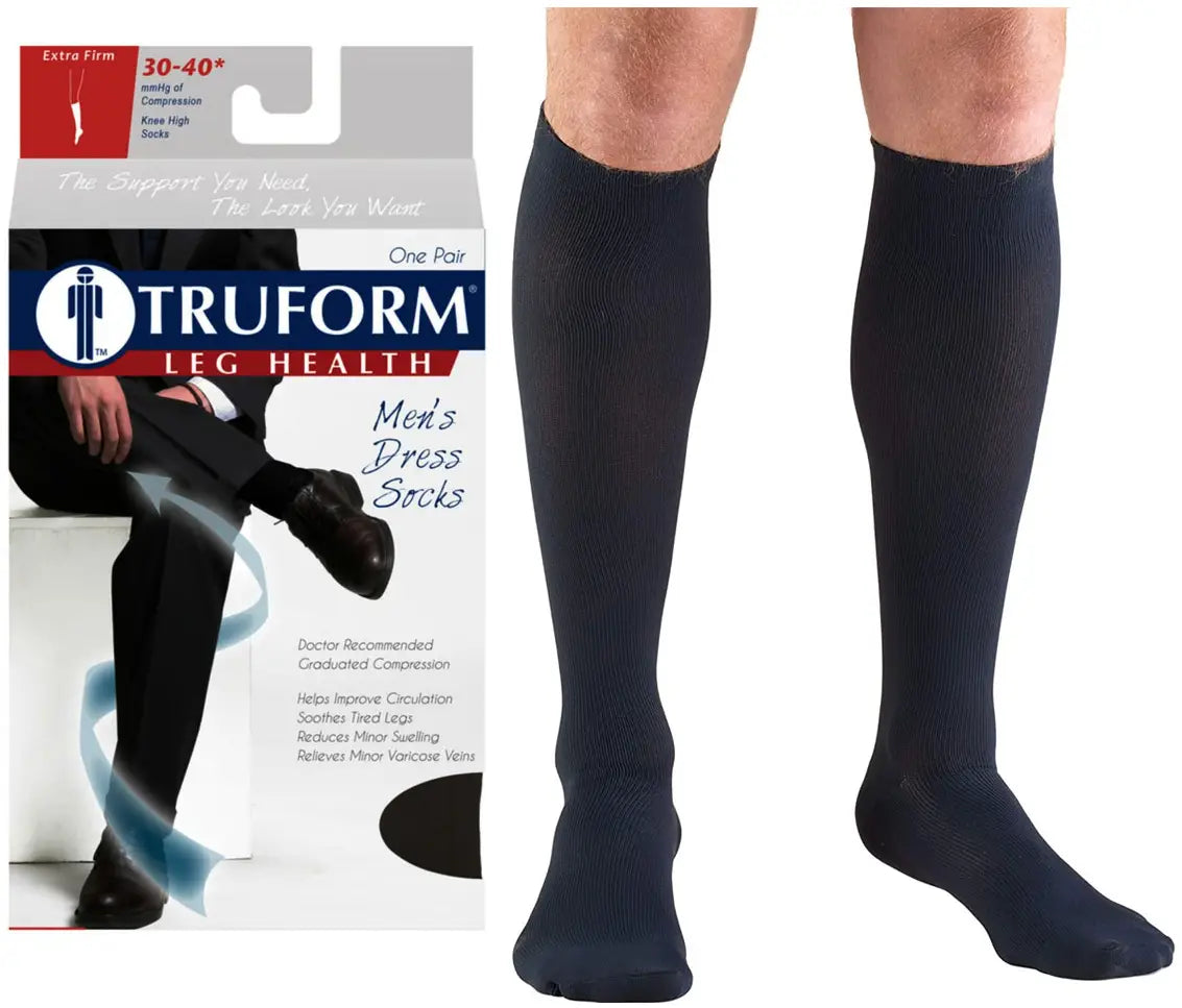 Truform Men's Dress Latex-Free Knee High Support Socks - 30-40 mmHg Compression