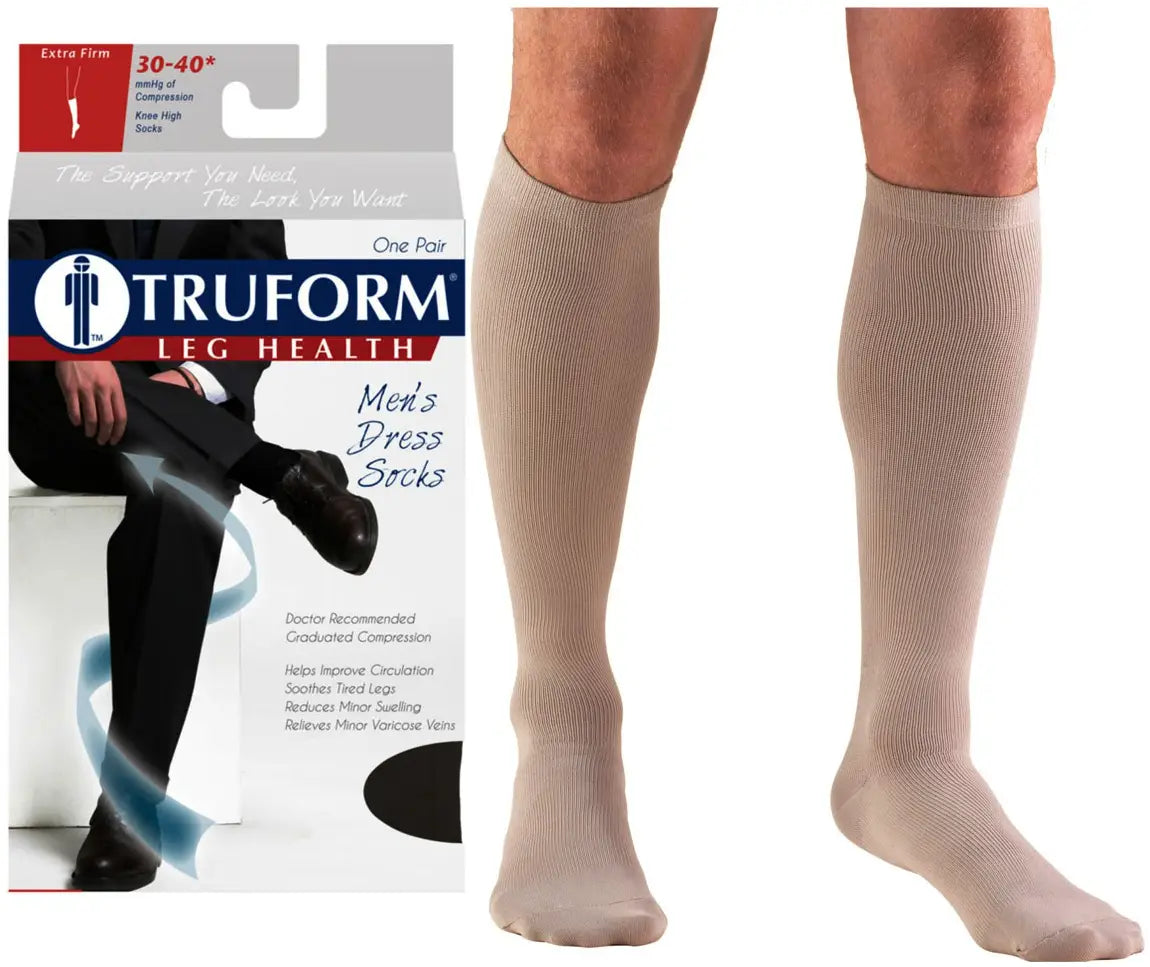 Truform Men's Dress Latex-Free Knee High Support Socks - 30-40 mmHg Compression