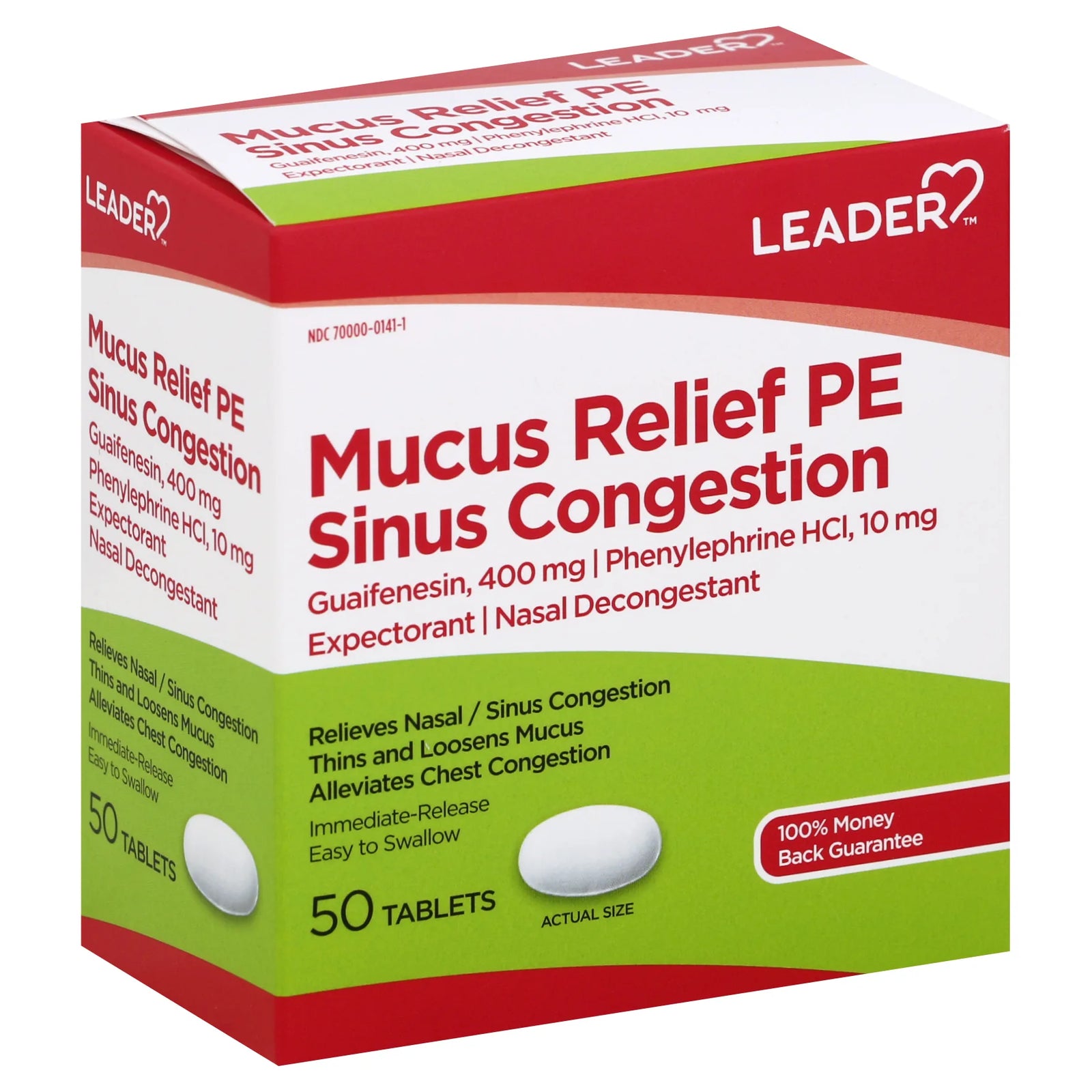 Leader Mucus Relief PE Sinus Congestion Tablets, 50 Count