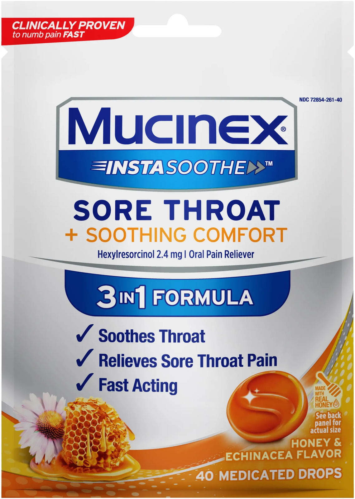 Mucinex InstaSoothe Sore Throat + Pain Relief, Honey & Echinacea, 40 ct